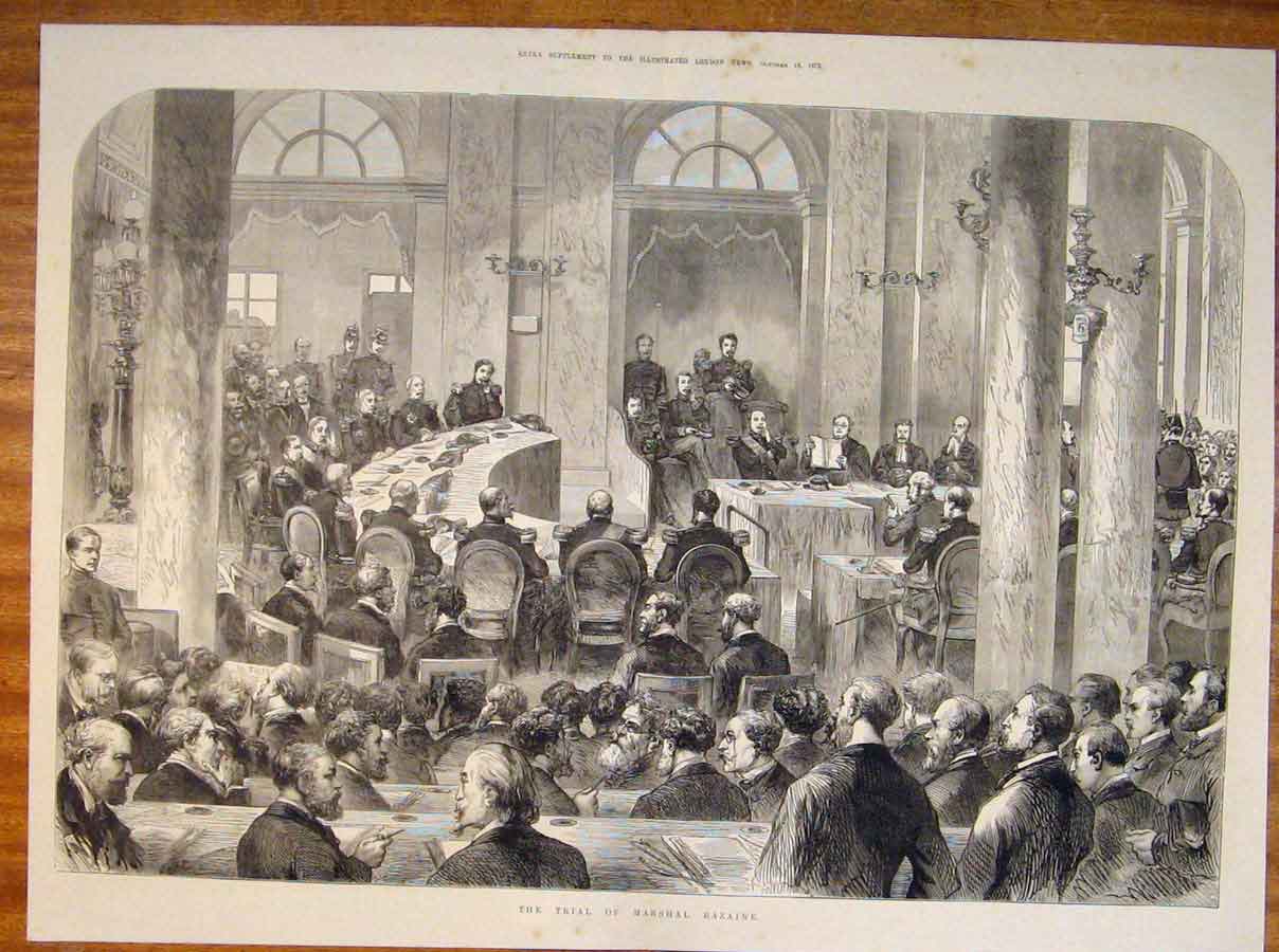 Original Old Antique Print Trial Marshall Bazaine Court Sketch 1873 Victorian