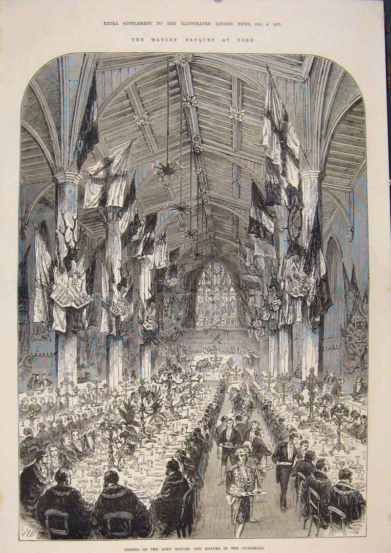 Original Old Antique Print Mayor Banquet York Guildhall London 1873 Victorian