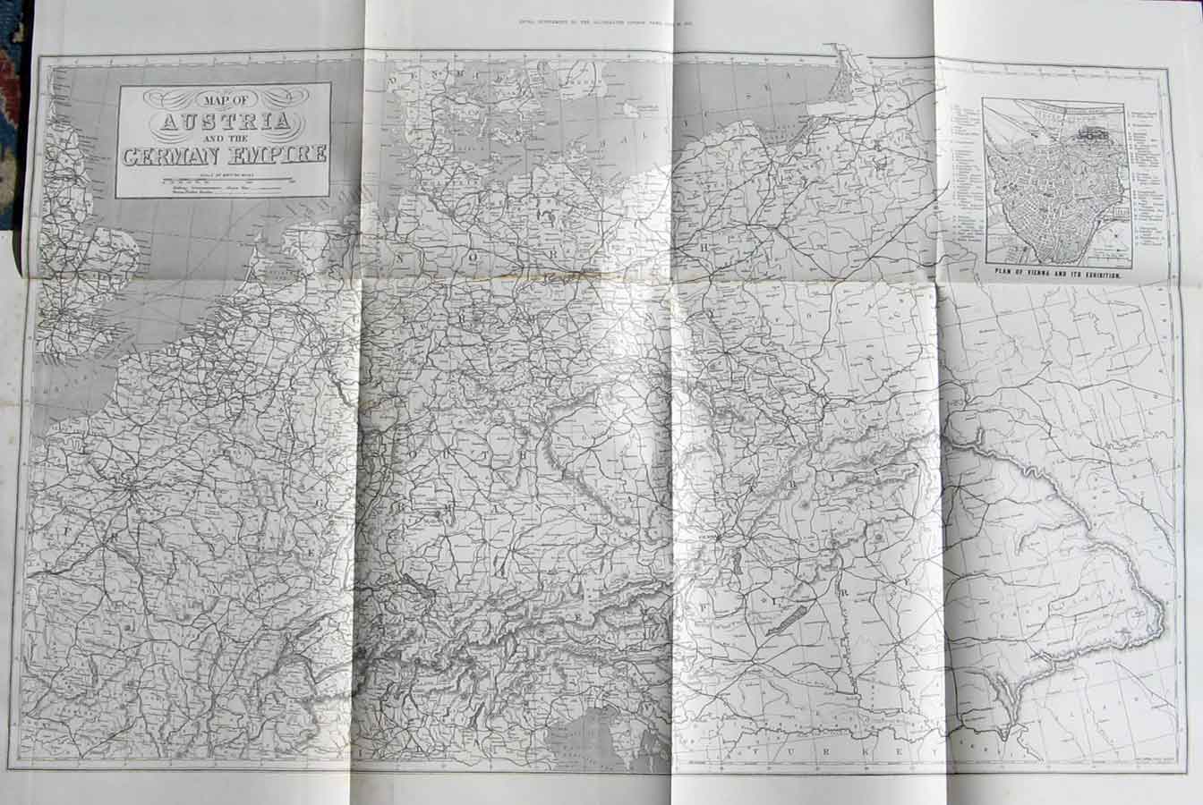 Original Old Antique Print Map Austria German Empire Germany 1873 19th