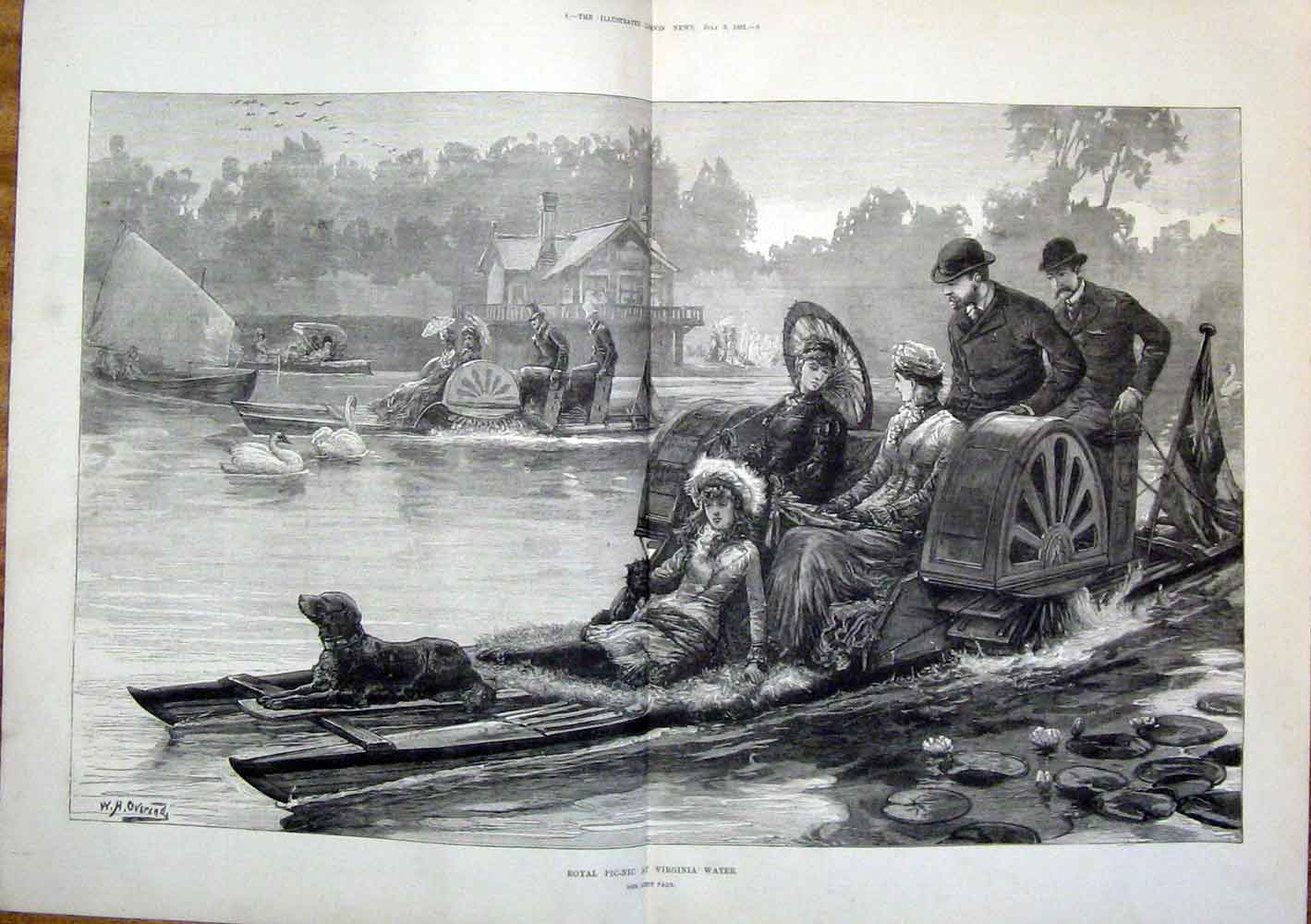 Old Antique Print Royal Picnic Virginia Water Egham Surrey Windsor Park