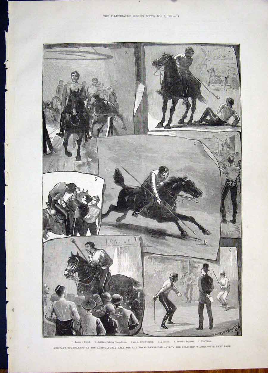 Old Antique Print Military Tournament Agricultural Hall Cambridge Asylum
