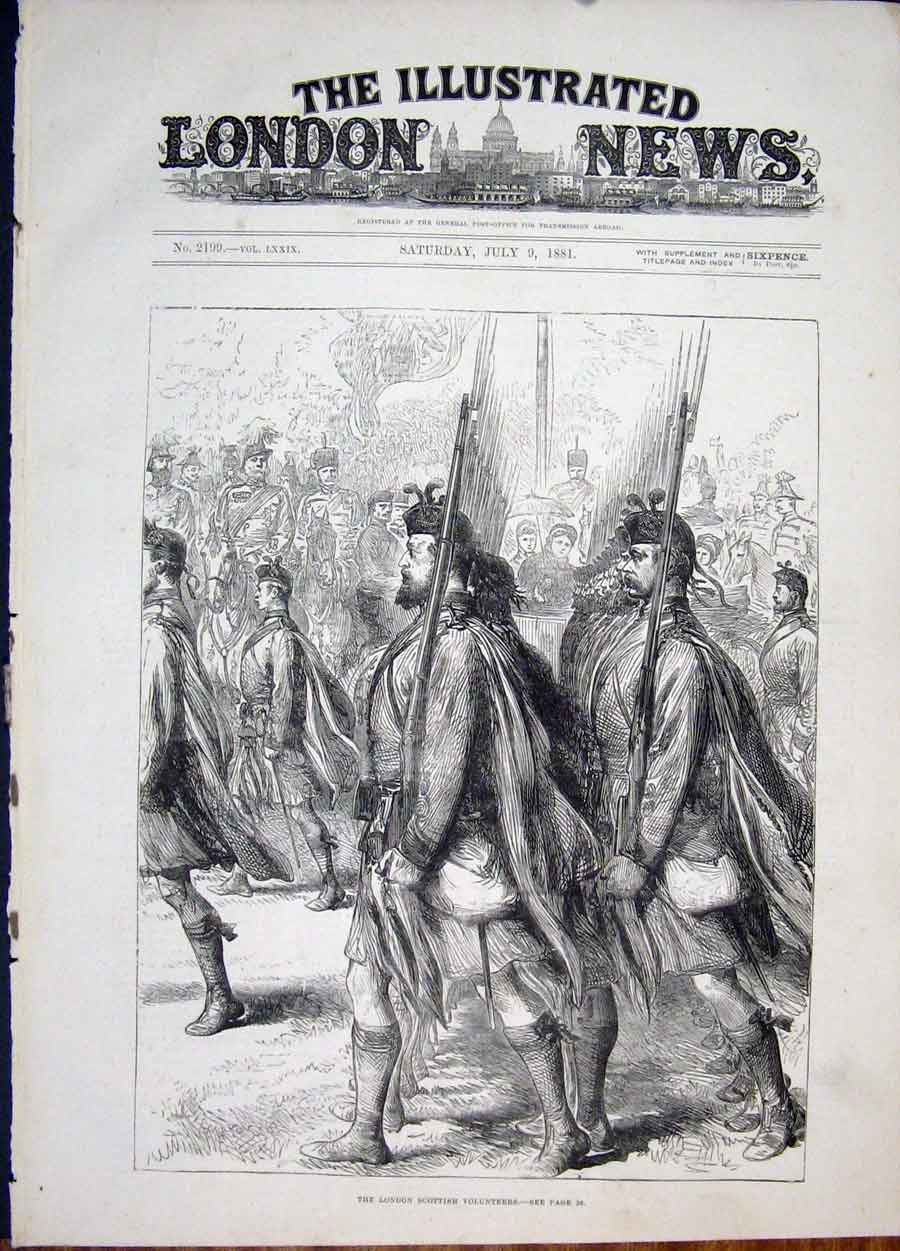 Original Old Antique Print Loondon Scottish Volunteers Parade 1881 Victorian