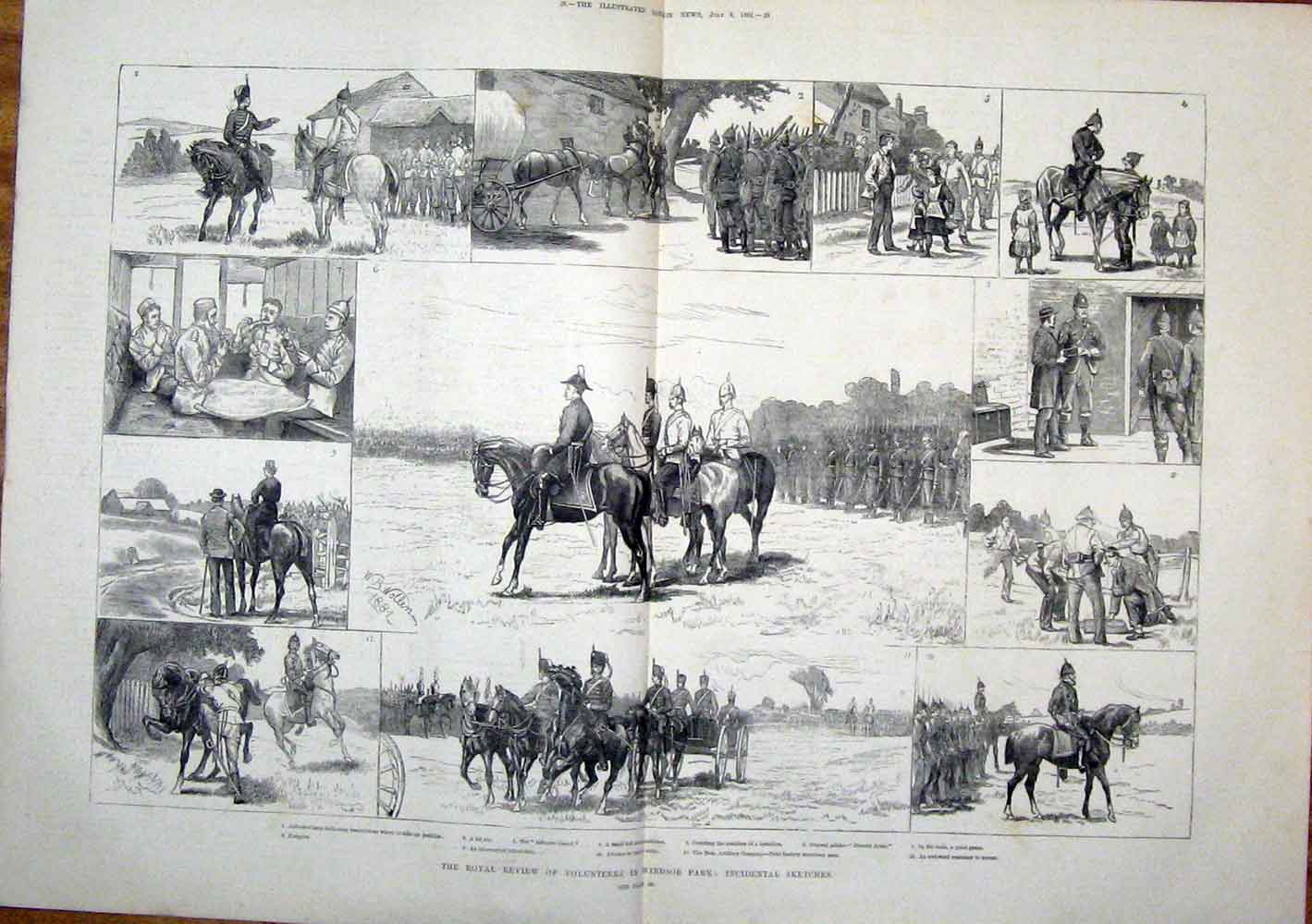 Original Old Antique Print Volunteers Windsor Park London Royal Review 1881