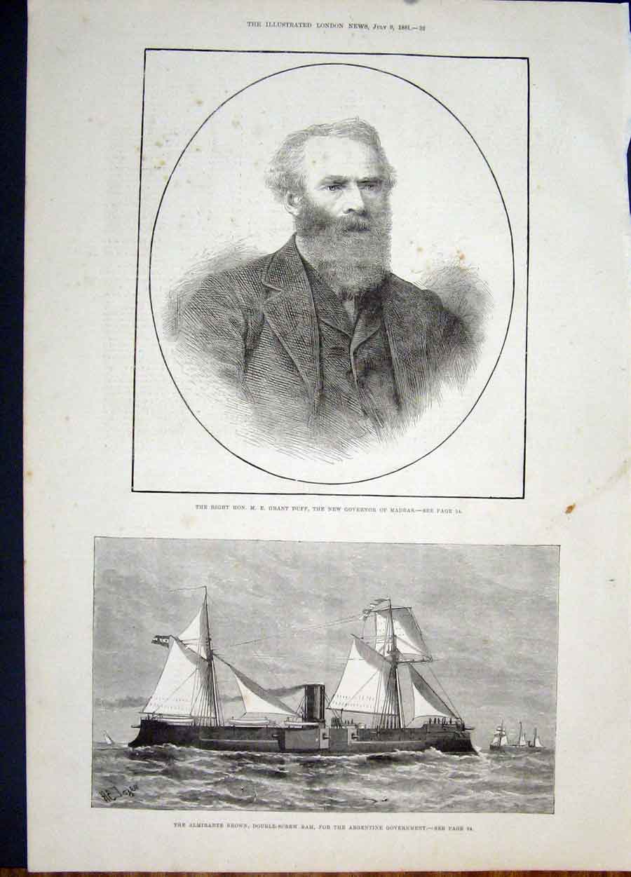 Old Antique Print Portrait Duff Madras Governor Admiralte Brown Ram Ship