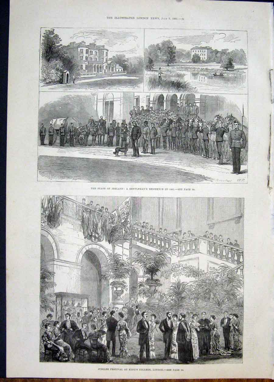 Original Old Antique Print Ireland Residence Jubilee Kings College London 1881