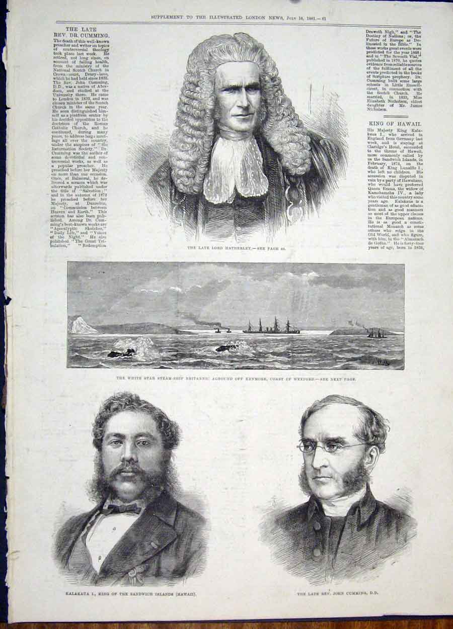Original Old Antique Print Portrait Hatherley Kalkaua Cumming Britannic Wexford