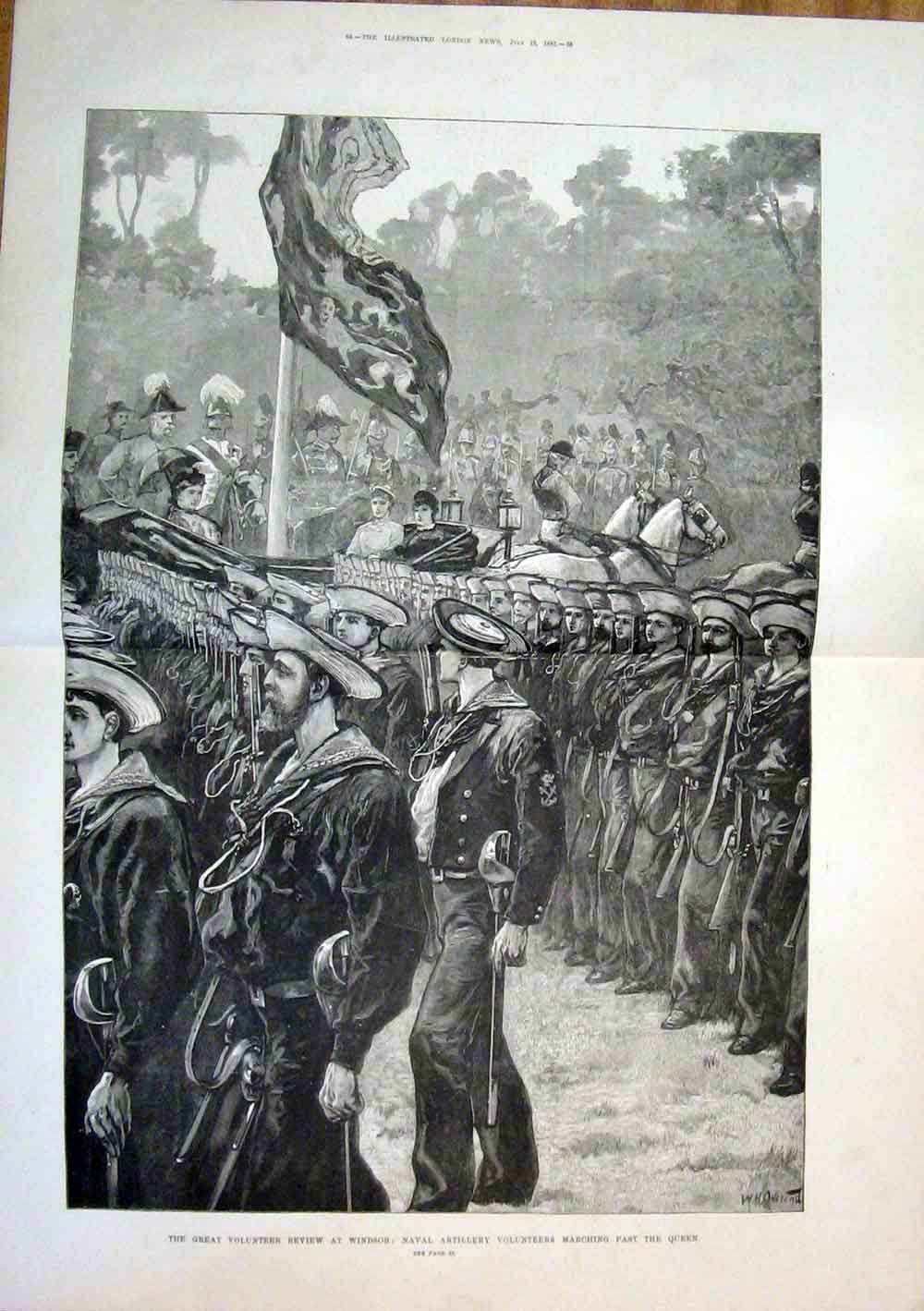 Original Old Antique Print Volunteer Review Windsor Naval Artillery Queen 1881
