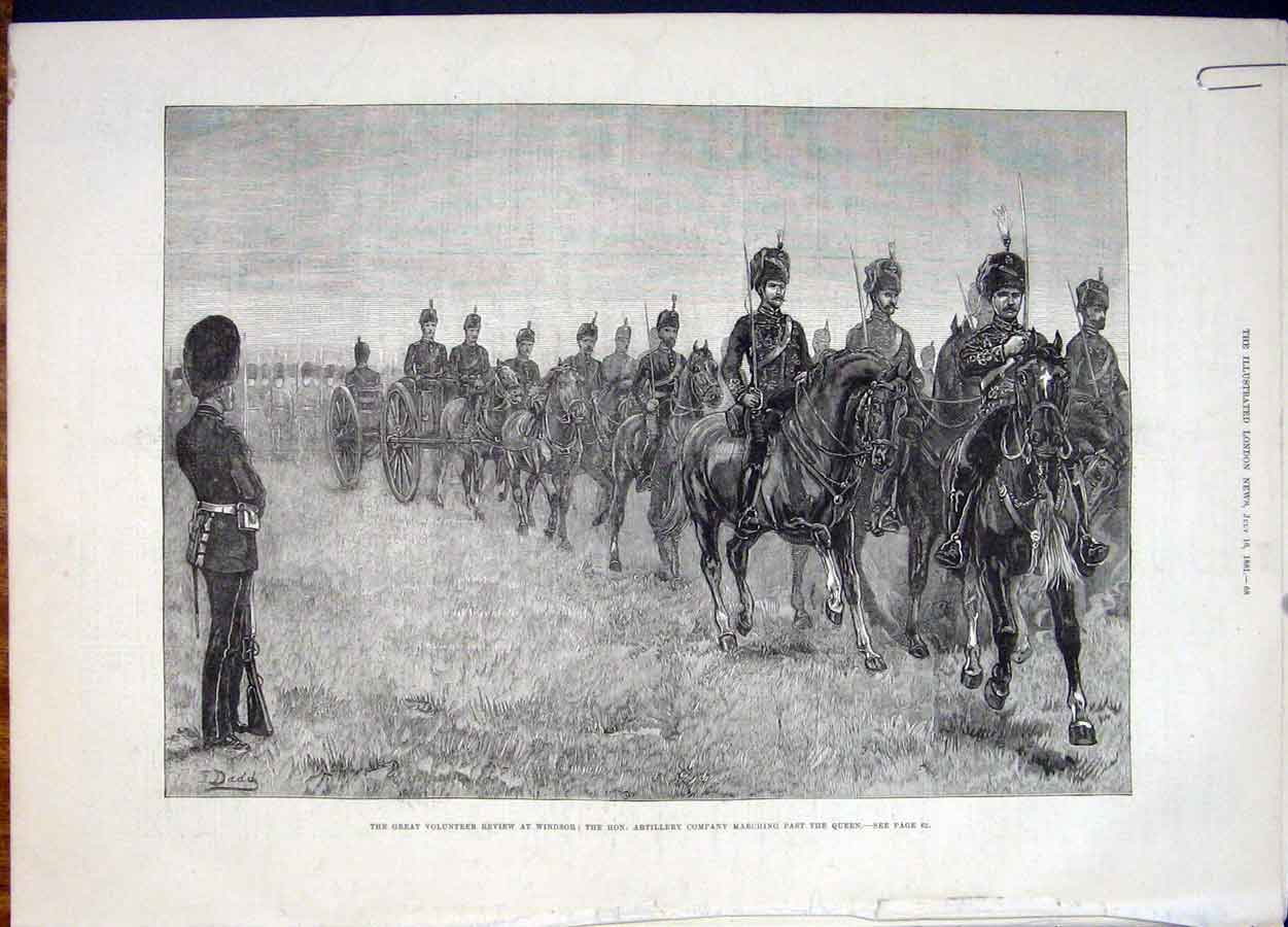 Original Old Antique Print Windsor Queen Volunteer Review Artillery 1881 19th