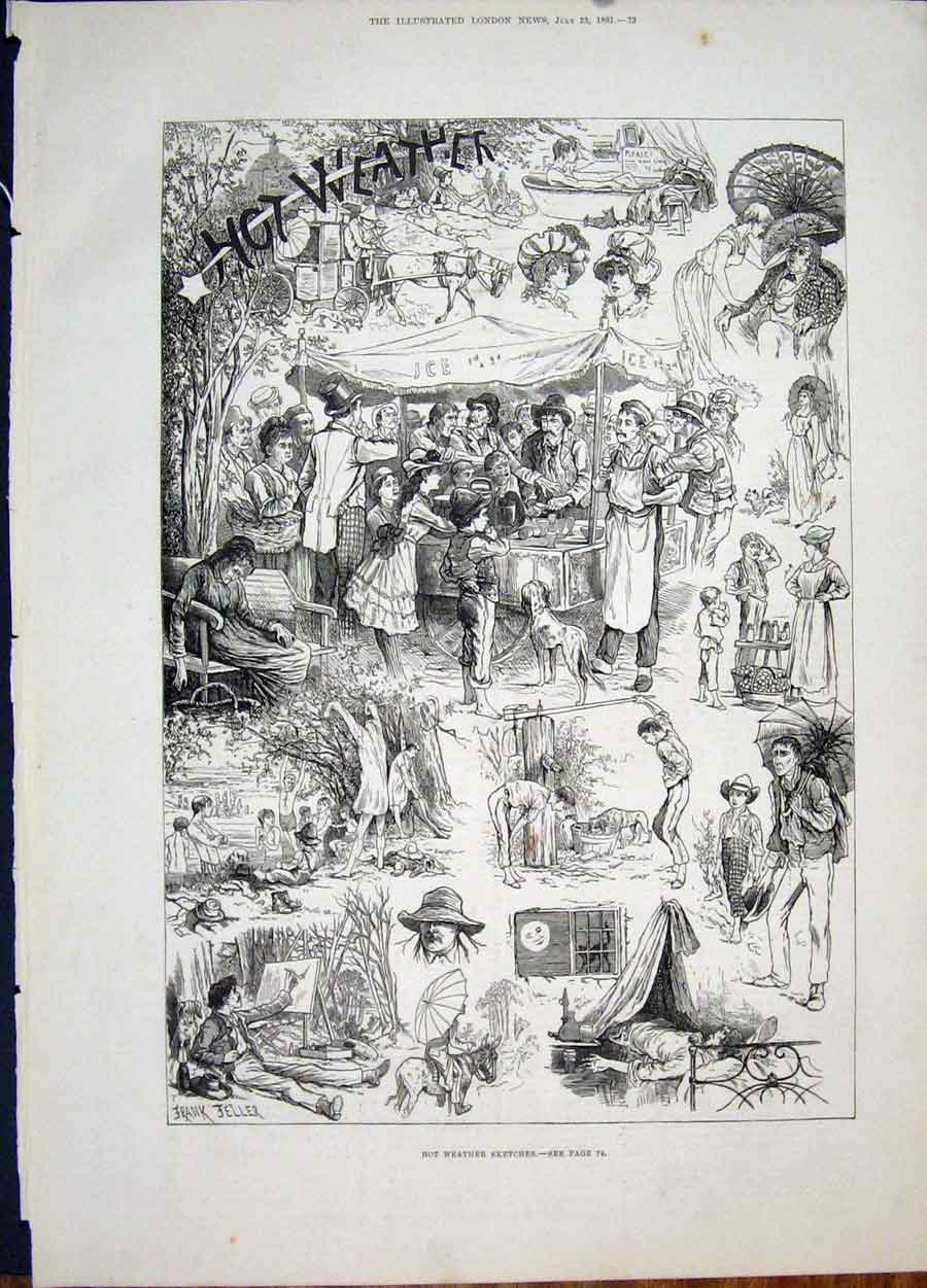 Original Old Antique Print Sketch Hot Weather Feller London 1881 19th