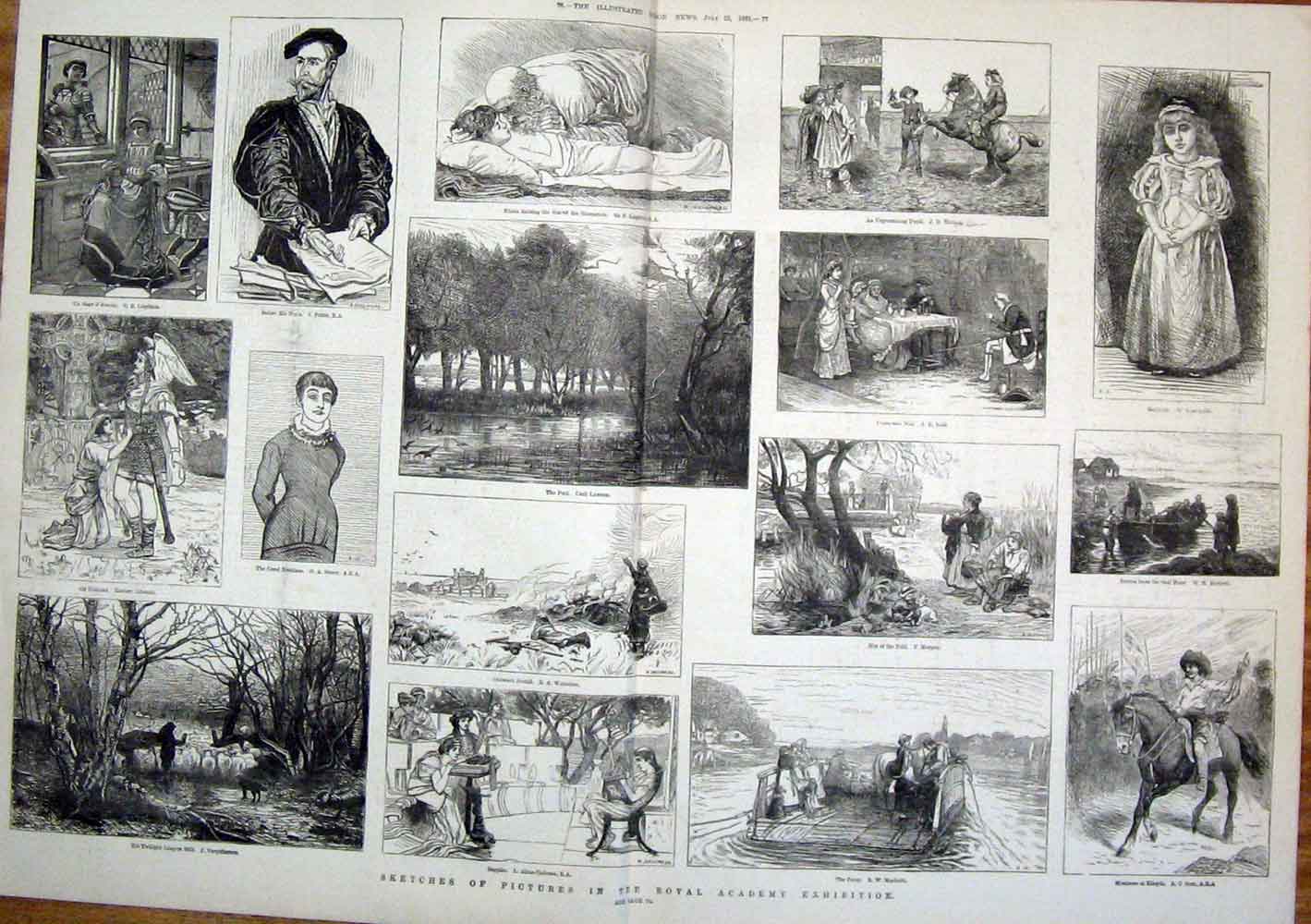 Original Old Antique Print Royal Academy Exhibition Sketch Artist Fine Art 1881