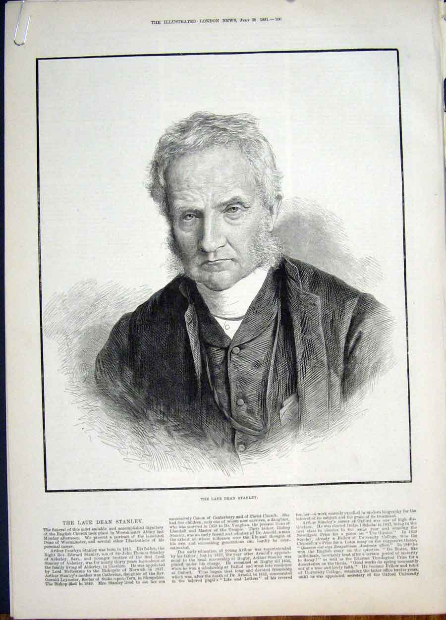 Original Old Antique Print Portrait Stanley Westminster Abbey Chapel 1881 19th