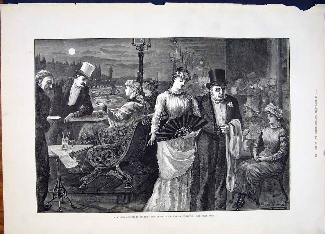 Old Antique Print House Commons Midsummer Night Terrace Furniss Art 1881 19th
