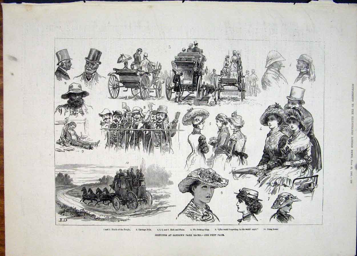 Original Old Antique Print Sketch Sandown Park Races Race 1881 19th