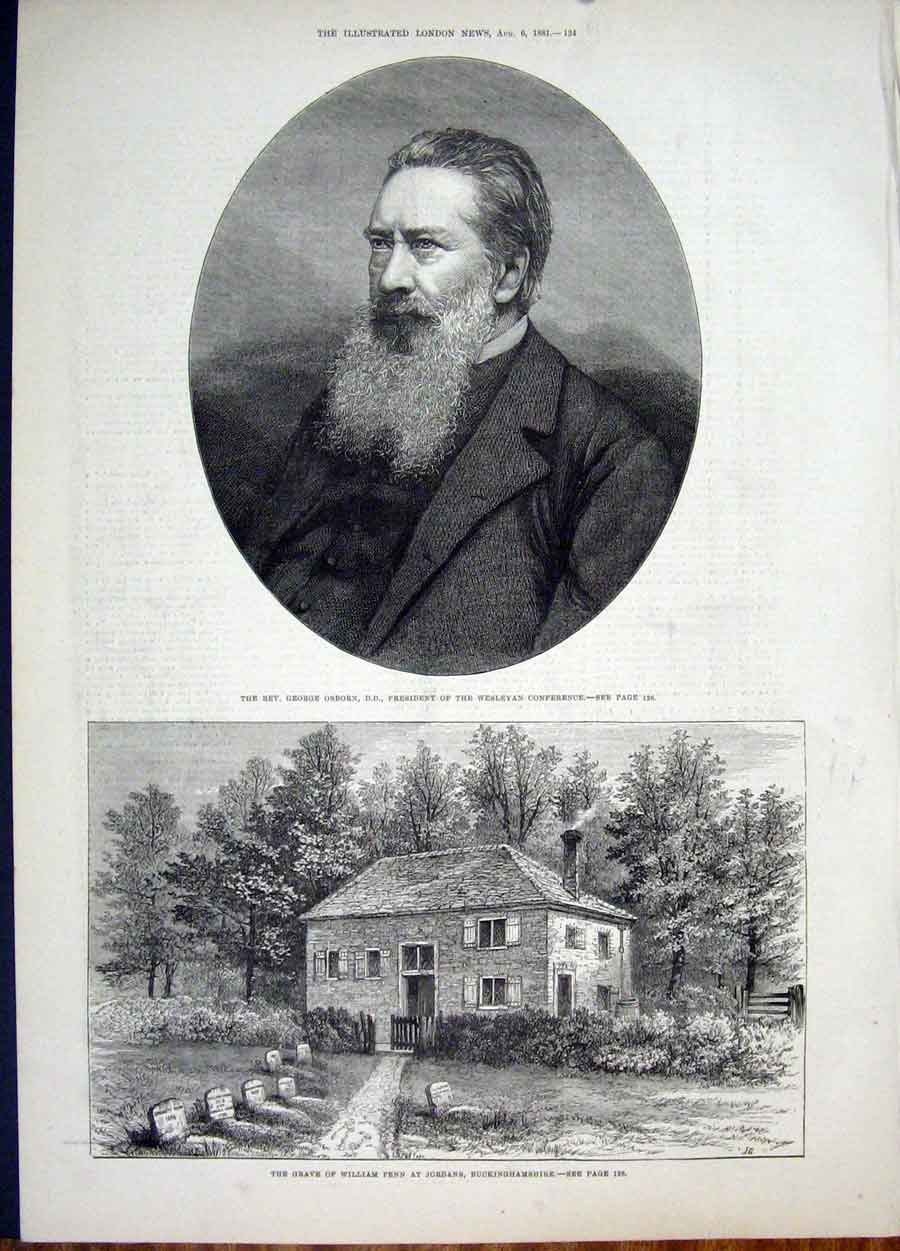 Old Antique Print Portrait Osborn Penn Grave Jordans Buckinghamshire 1881 19th