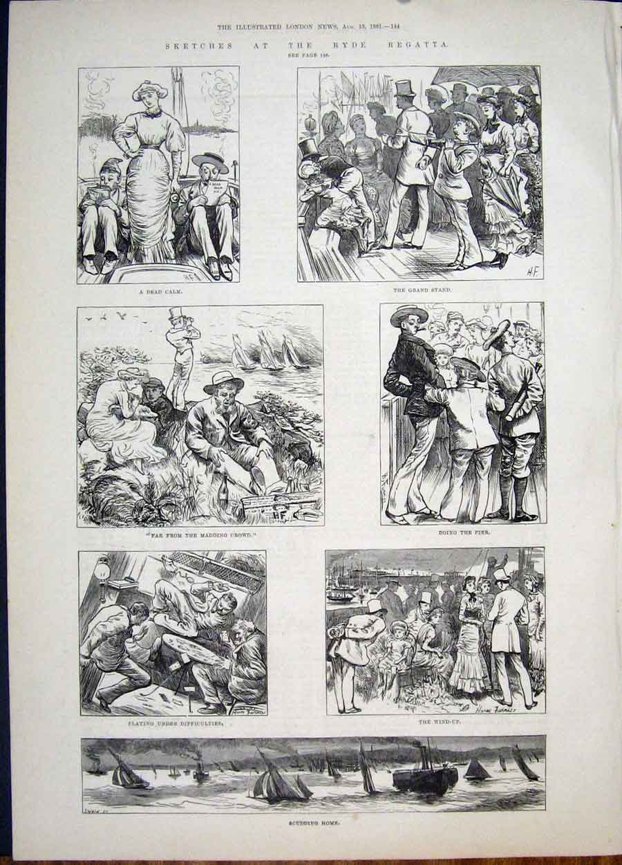 Original Old Antique Print Regatta Ryde Scudding Pier Boat Yacht Race 1881 19th