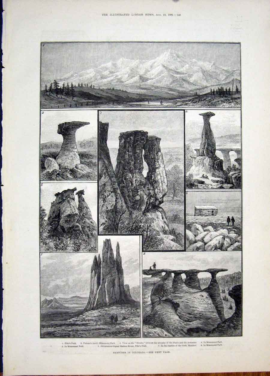 Old Antique Print Colorado Pikes Peak Manitou Arkansas United States 1881 19th