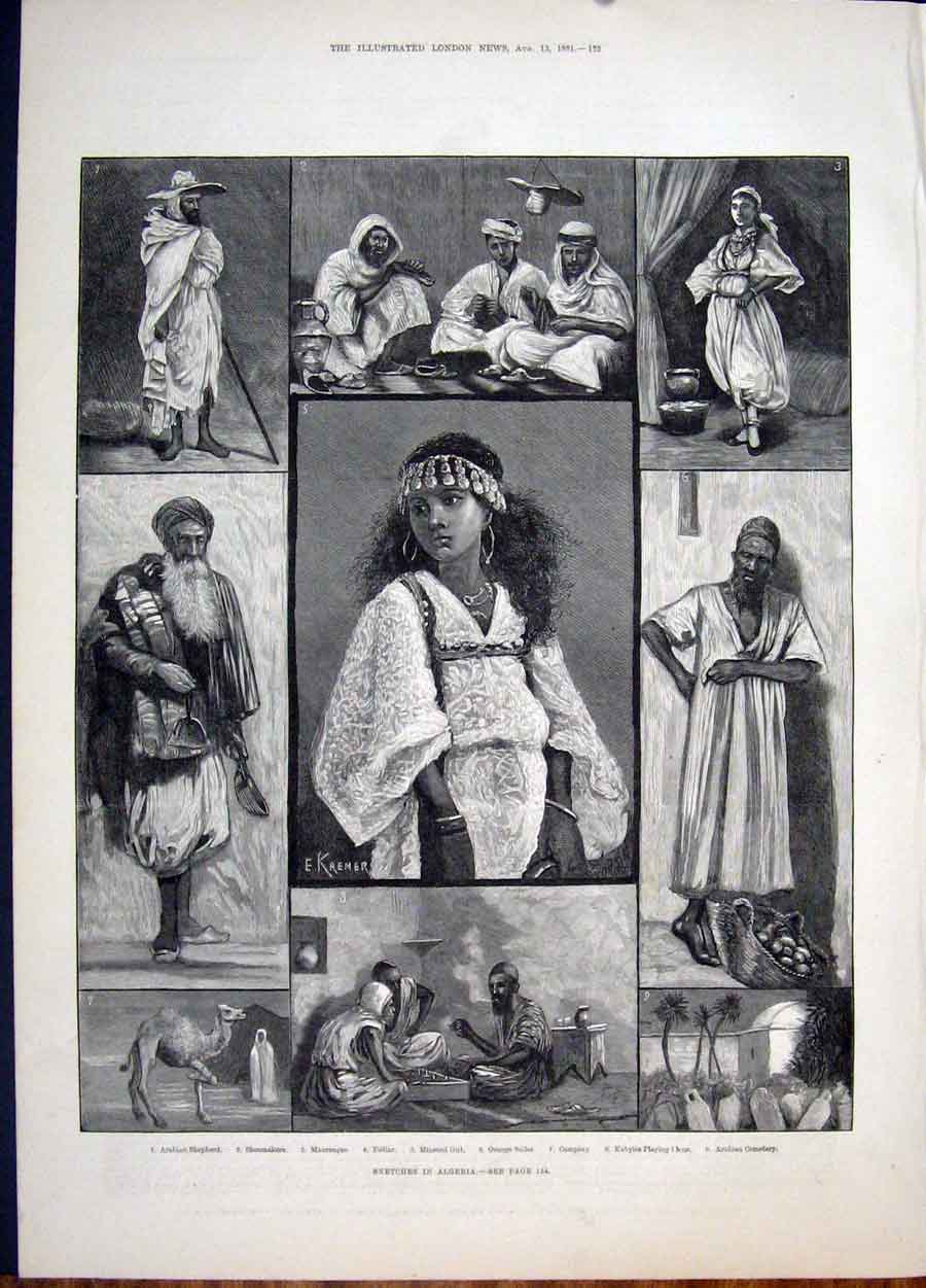 Old Antique Print Sketch Algeria Arabian Shepherd Pedlar Orange Girl 1881 19th