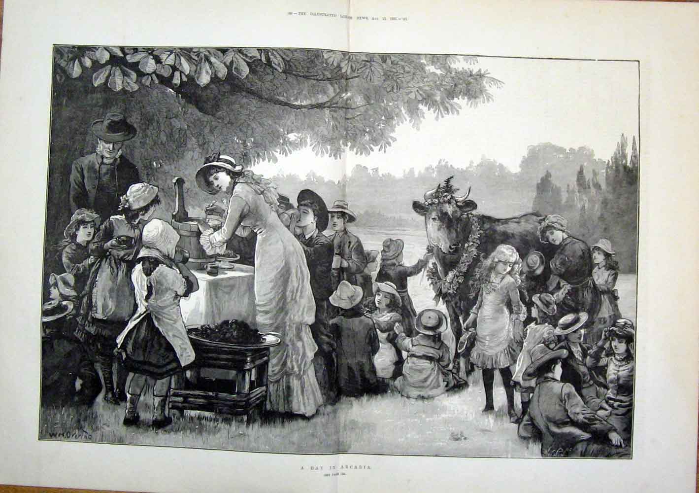 Original Old Antique Print Arcadia Cow Children Park Picnic Fine Art 1881 19th