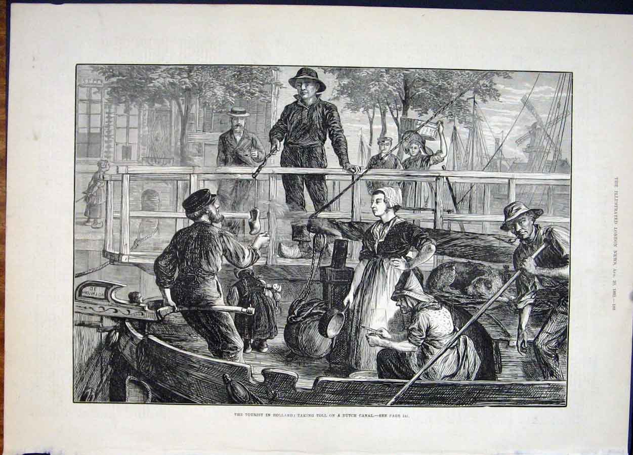 Original Old Antique Print Holland Tourist Dutch Canal Toll 1881 19th
