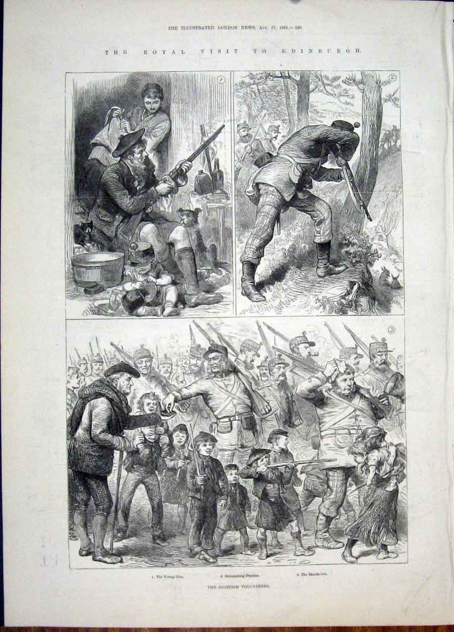Original Old Antique Print Royal Visit Edinburgh Scottish Volunteers Shoot Hunt