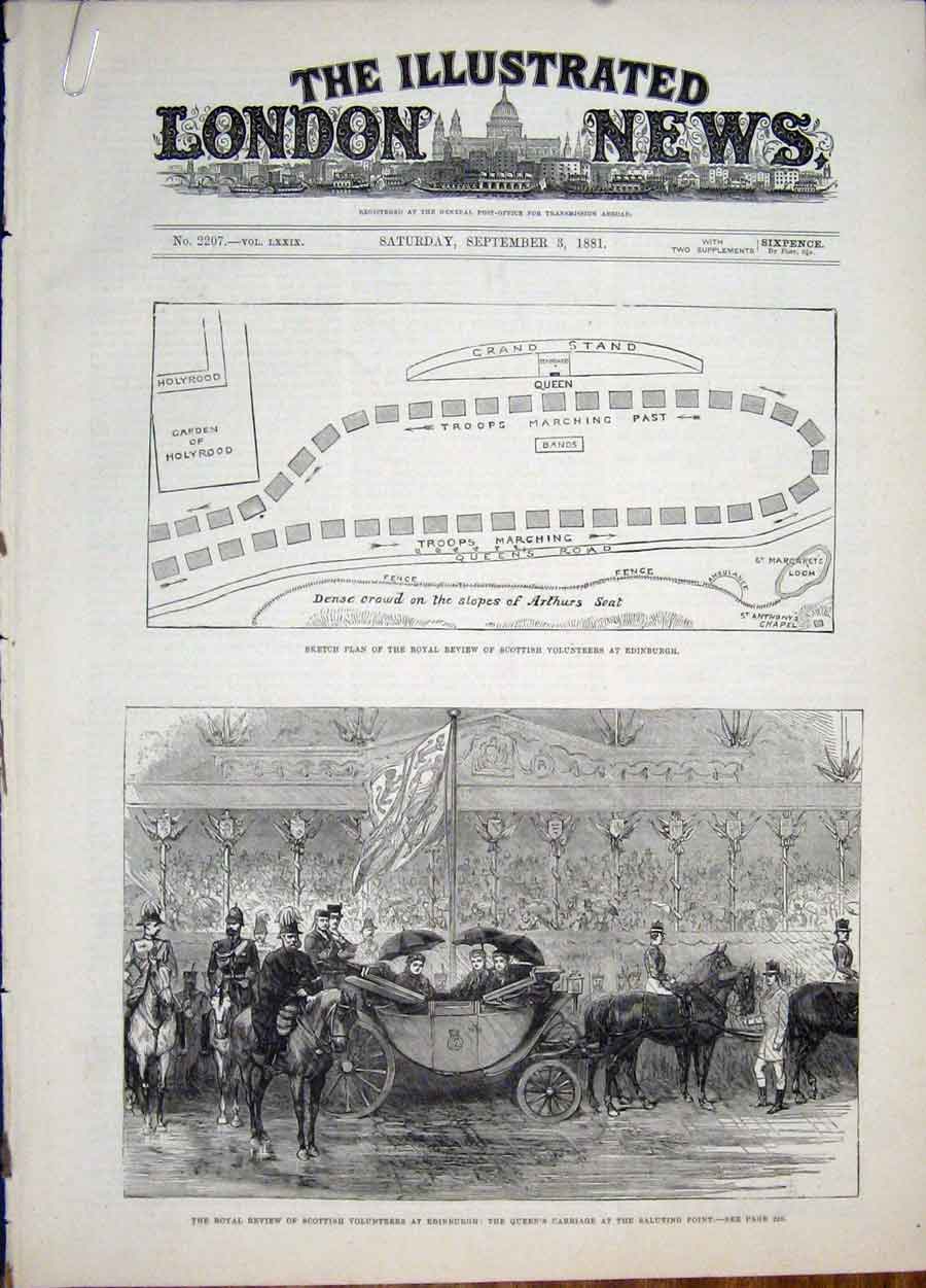 Original Old Antique Print Edinburgh Scottish Volunteers Holyrood Palace Queen
