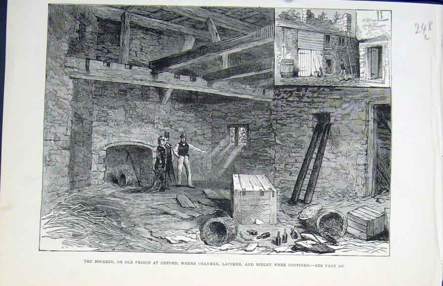 Original Old Antique Print Bocardo Prison Oxford Cranmer Latimer Ridley 1881