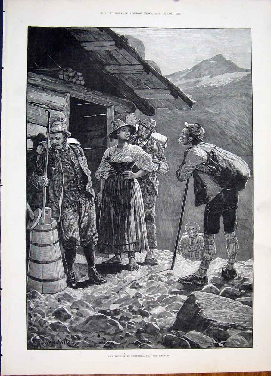 Original Old Antique Print Tourist Switzerland Woodville Mountains 1881 19th