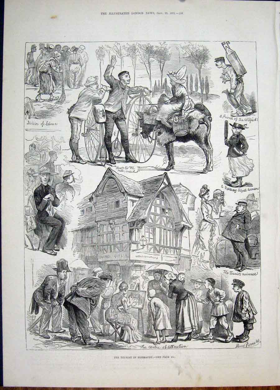 Original Old Antique Print Tourist Normandy France Furniss Sketch 1881 Victorian