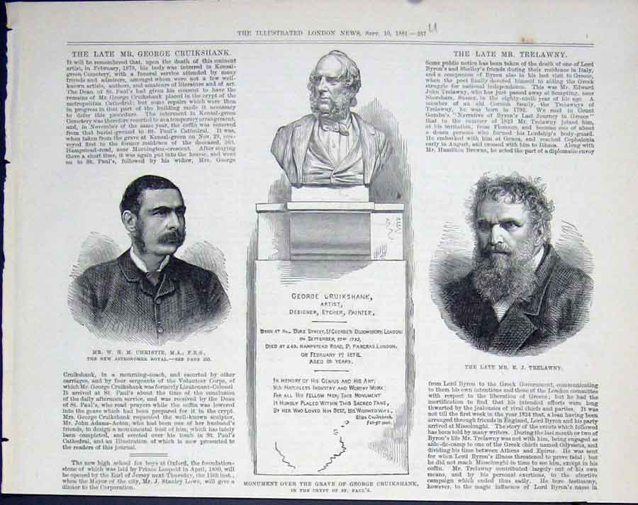 Old Antique Print Portrait Christie Trelawny Statue Cruikshank St Pauls