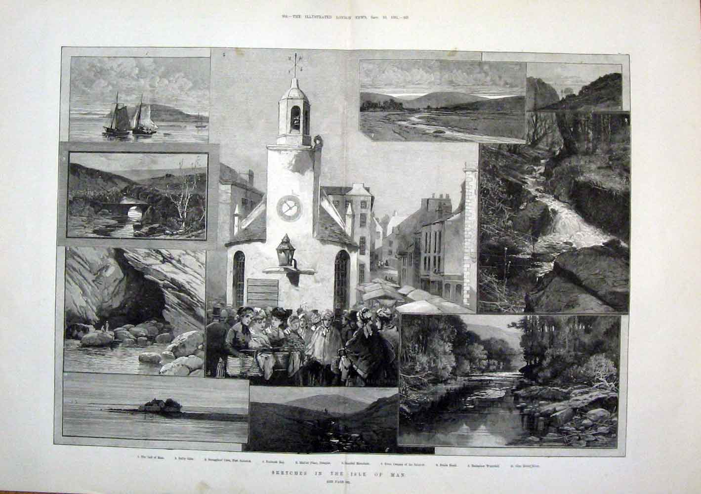 Old Antique Print Sktech Isle Man Poolvash Bay Douglas Snaefell Soderick