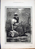Original Old Antique Print English Harvest Knowles Reapers Dinner Fine Art 1881