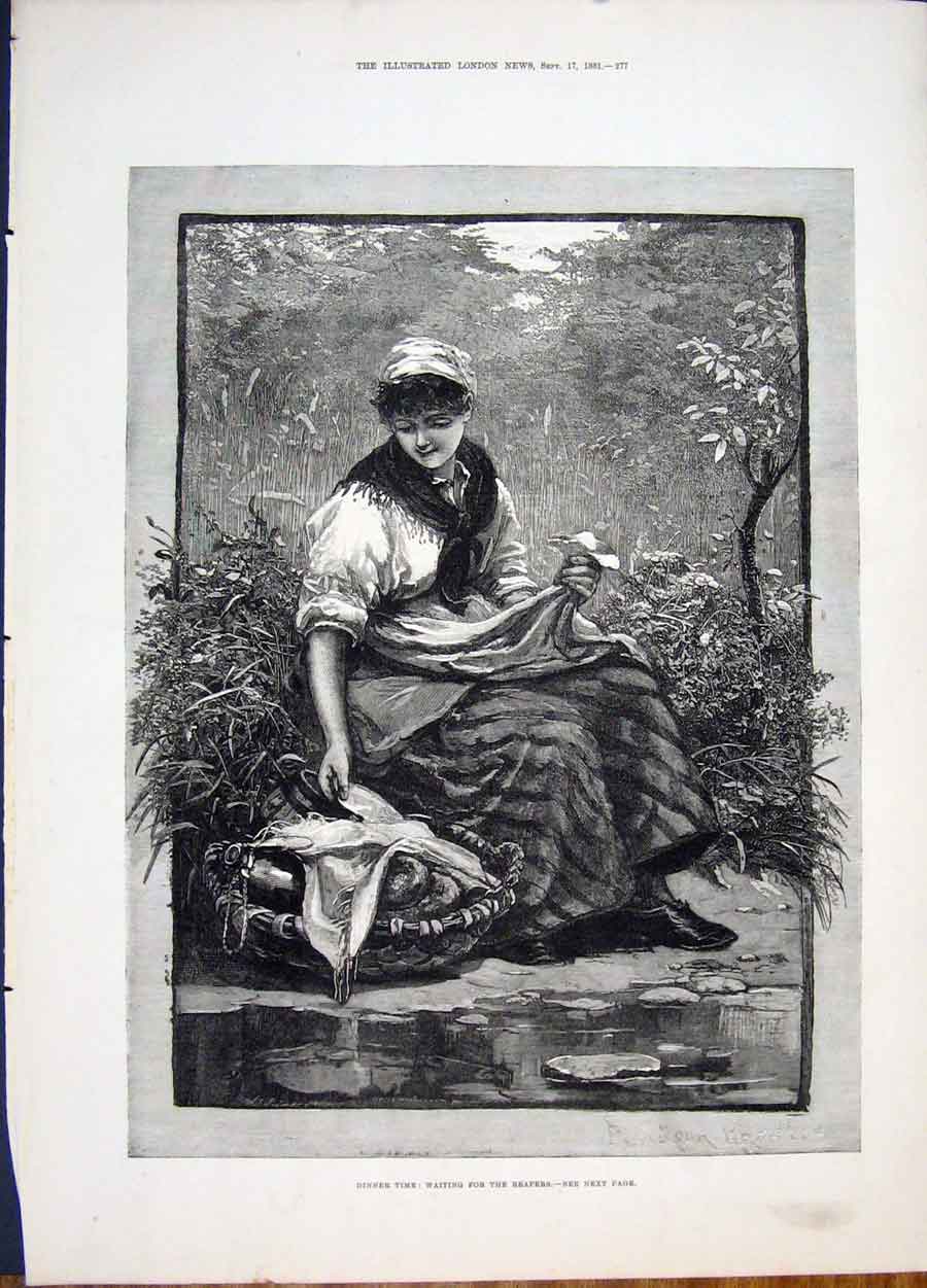 Original Old Antique Print English Harvest Knowles Reapers Dinner Fine Art 1881