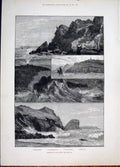 Original Old Antique Print Sketch Lizard Signal Station Kynance Cove Sea 1881
