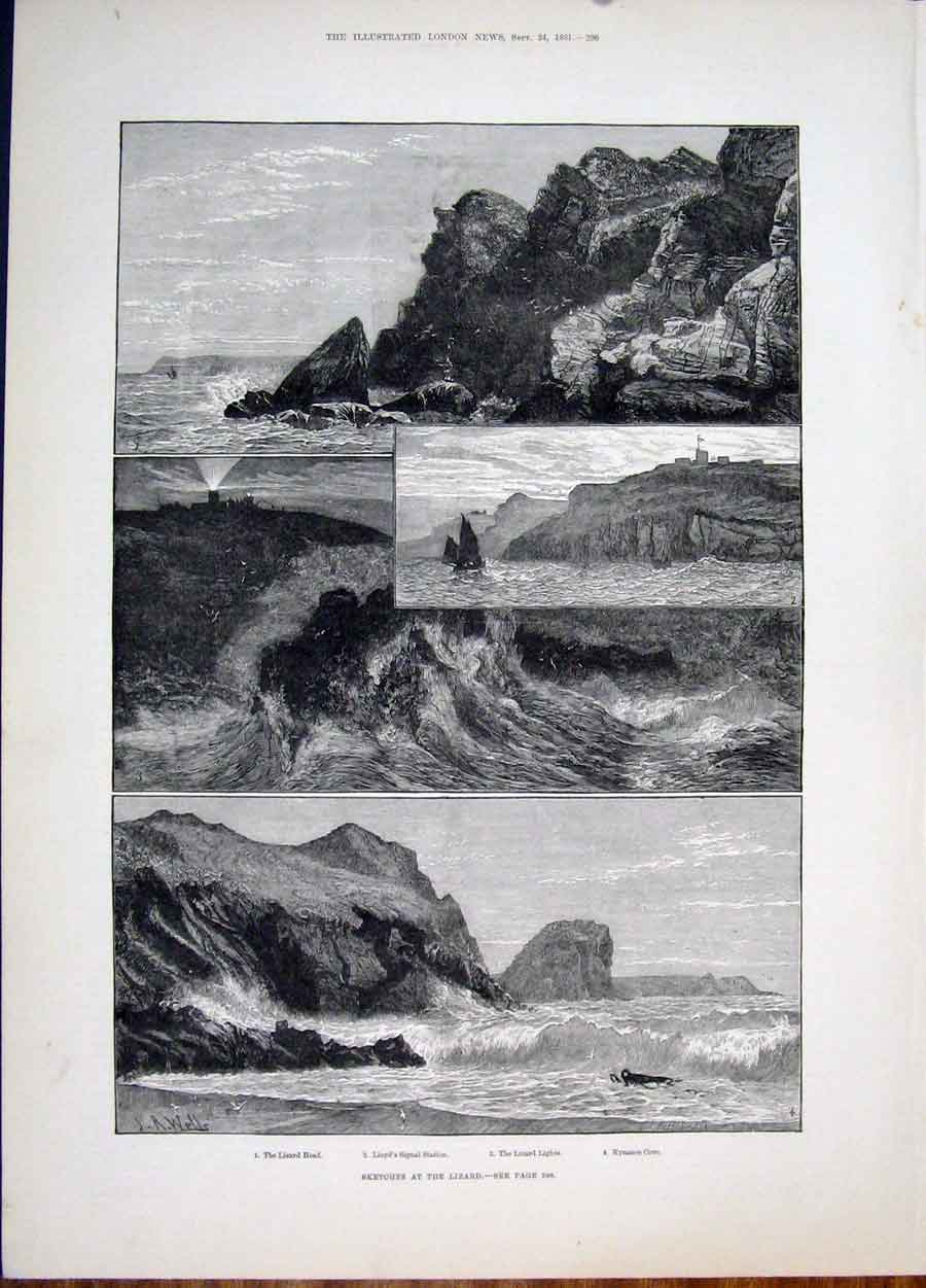 Original Old Antique Print Sketch Lizard Signal Station Kynance Cove Sea 1881