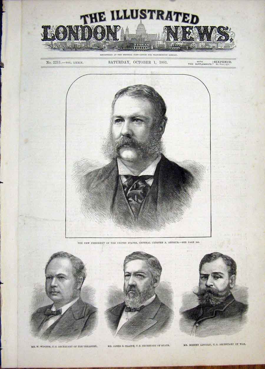 Original Old Antique Print Portrait United States President Arthur Windom Blaine