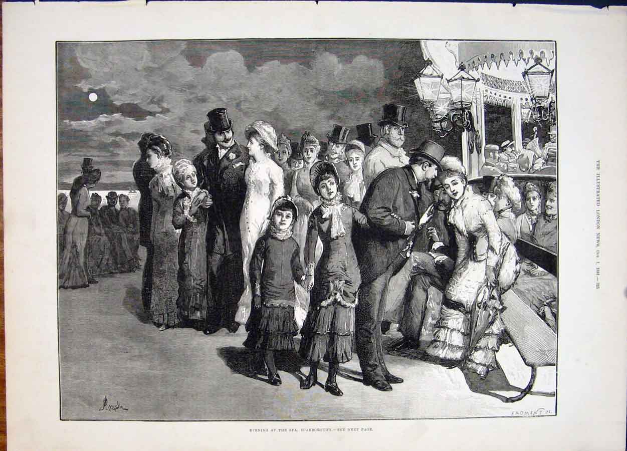 Original Old Antique Print Spa Scarborough Evening 1881 19th Century