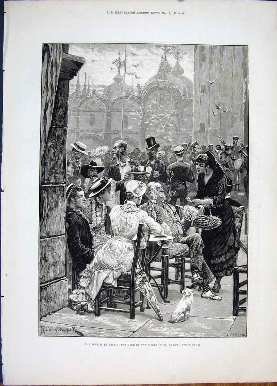 Original Old Antique Print Venice Tourist Piazza St Mark'S Woodville Band 1881
