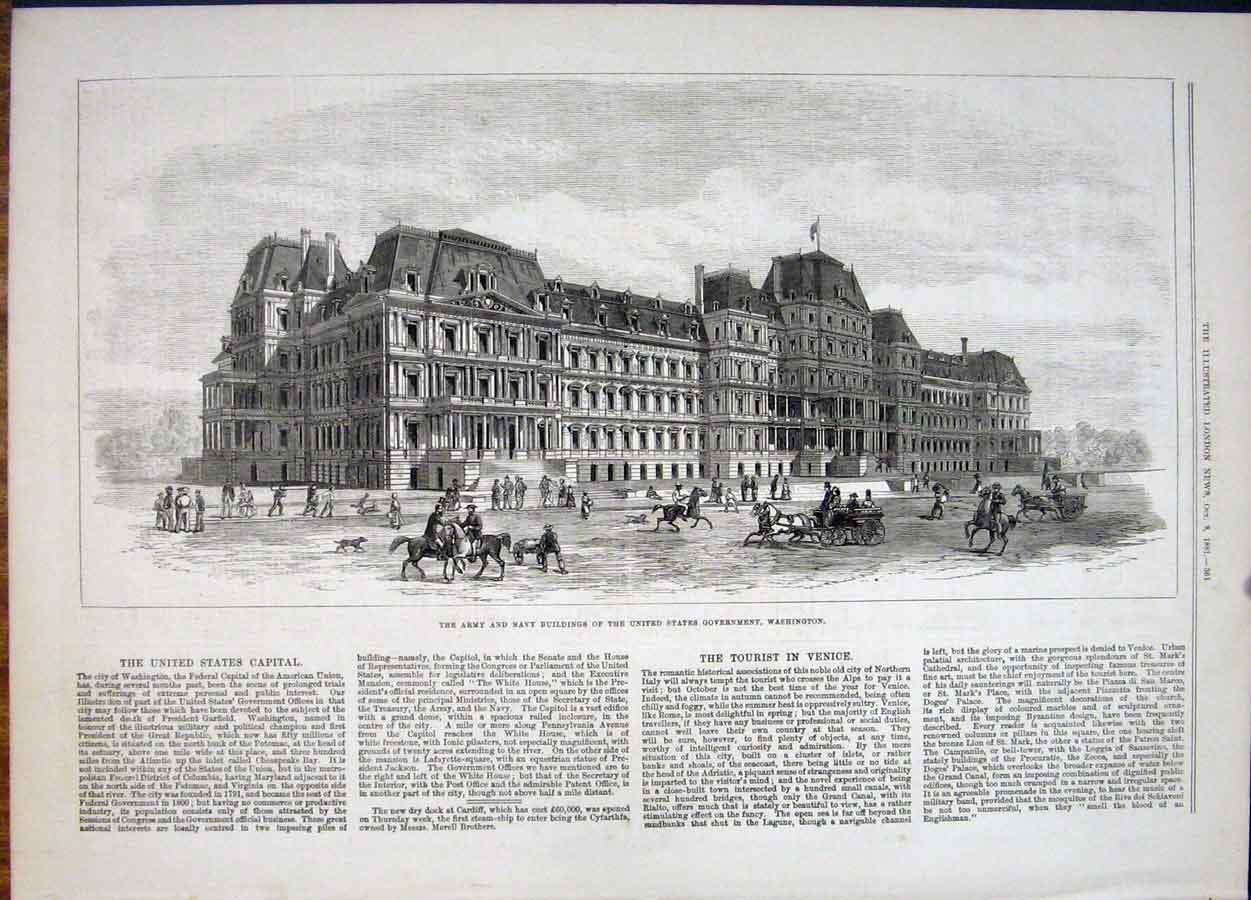 Old Antique Print United States Government Army Navy Buildings Washington