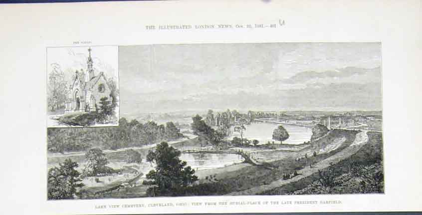 Original Old Antique Print Cleveland Ohio United States Garfield Cemetery 1881