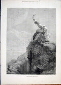 Original Old Antique Print Cliff First At Top Rocks Young Lady Fine Art 1881