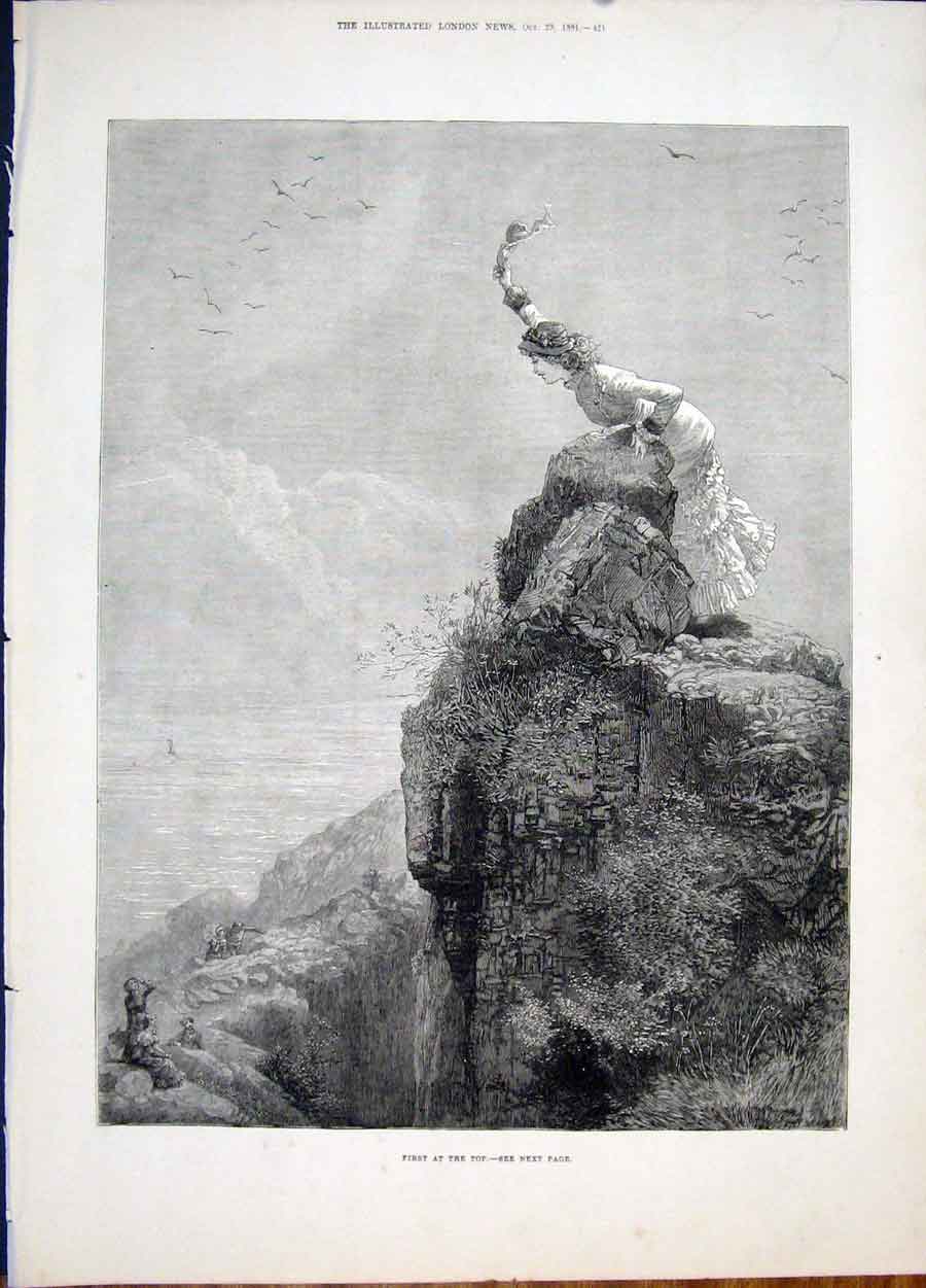 Original Old Antique Print Cliff First At Top Rocks Young Lady Fine Art 1881