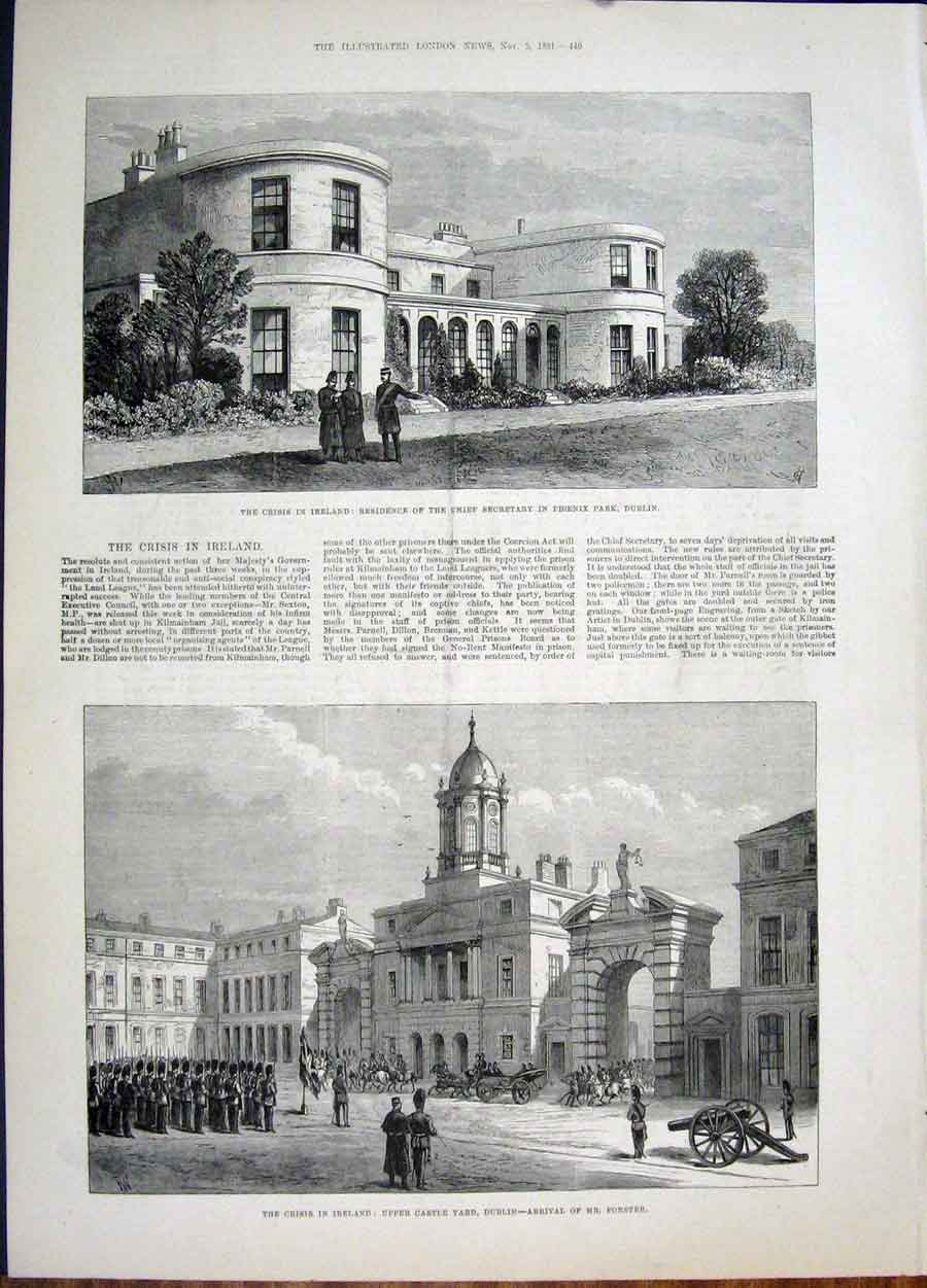 Original Old Antique Print Ireland Residence Phoenix Park Dublin Forster Castle