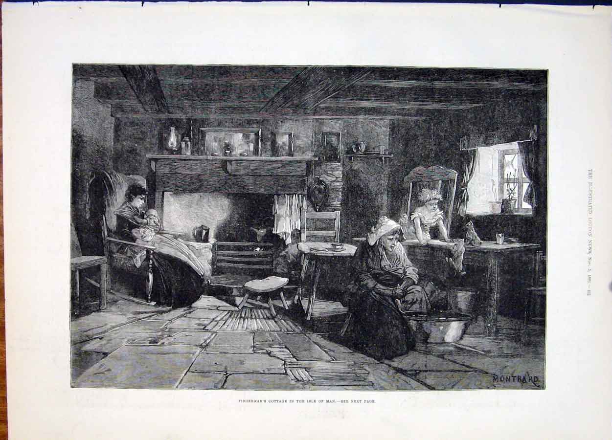 Original Old Antique Print Fisherman'S Cottage Fisherman Isle Man Montbard 1881