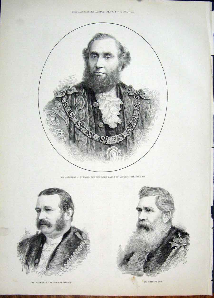 Original Old Antique Print Portrait Ellis Mayor London Alderman Hanson Ogg 1881