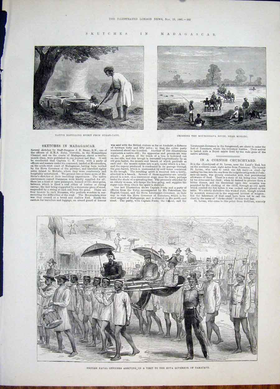 Original Old Antique Print Madagascar Sketch Mohabo Tamatave Governor Stone 1881