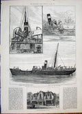 Old Antique Print Solway Steamer Burnt Fire Kingstown Dublin Bay Chiswick