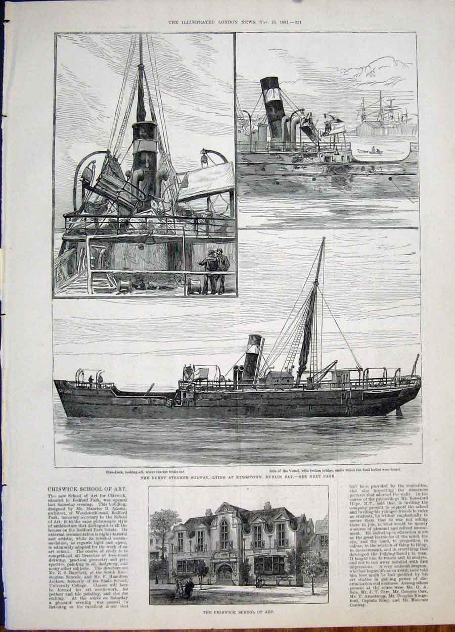 Old Antique Print Solway Steamer Burnt Fire Kingstown Dublin Bay Chiswick