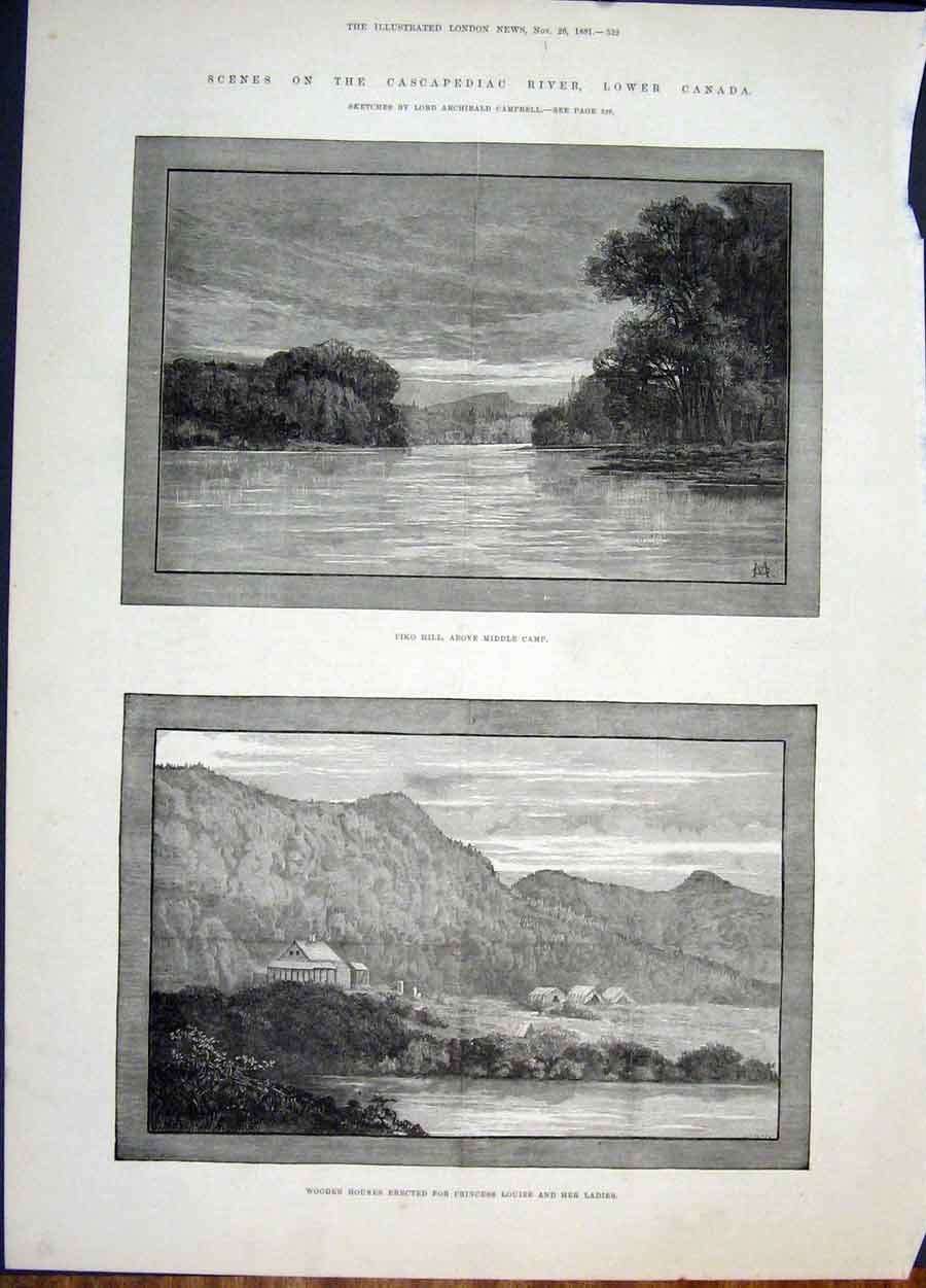 Original Old Antique Print Canada Cascapediac River Campbell Piko Hill 1881 19th