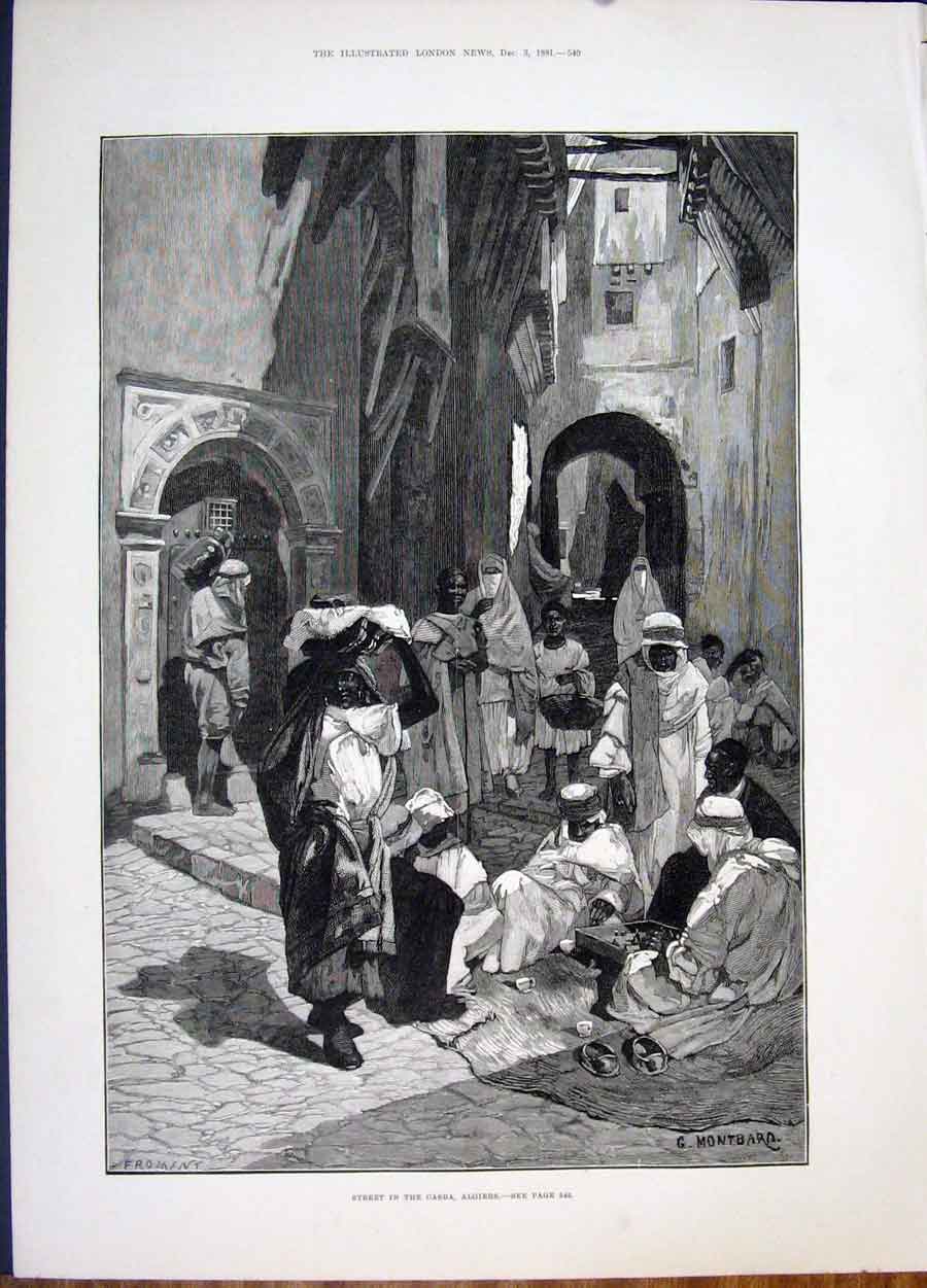 Original Old Antique Print Casba Algiers Africa Street Montbard 1881 Victorian