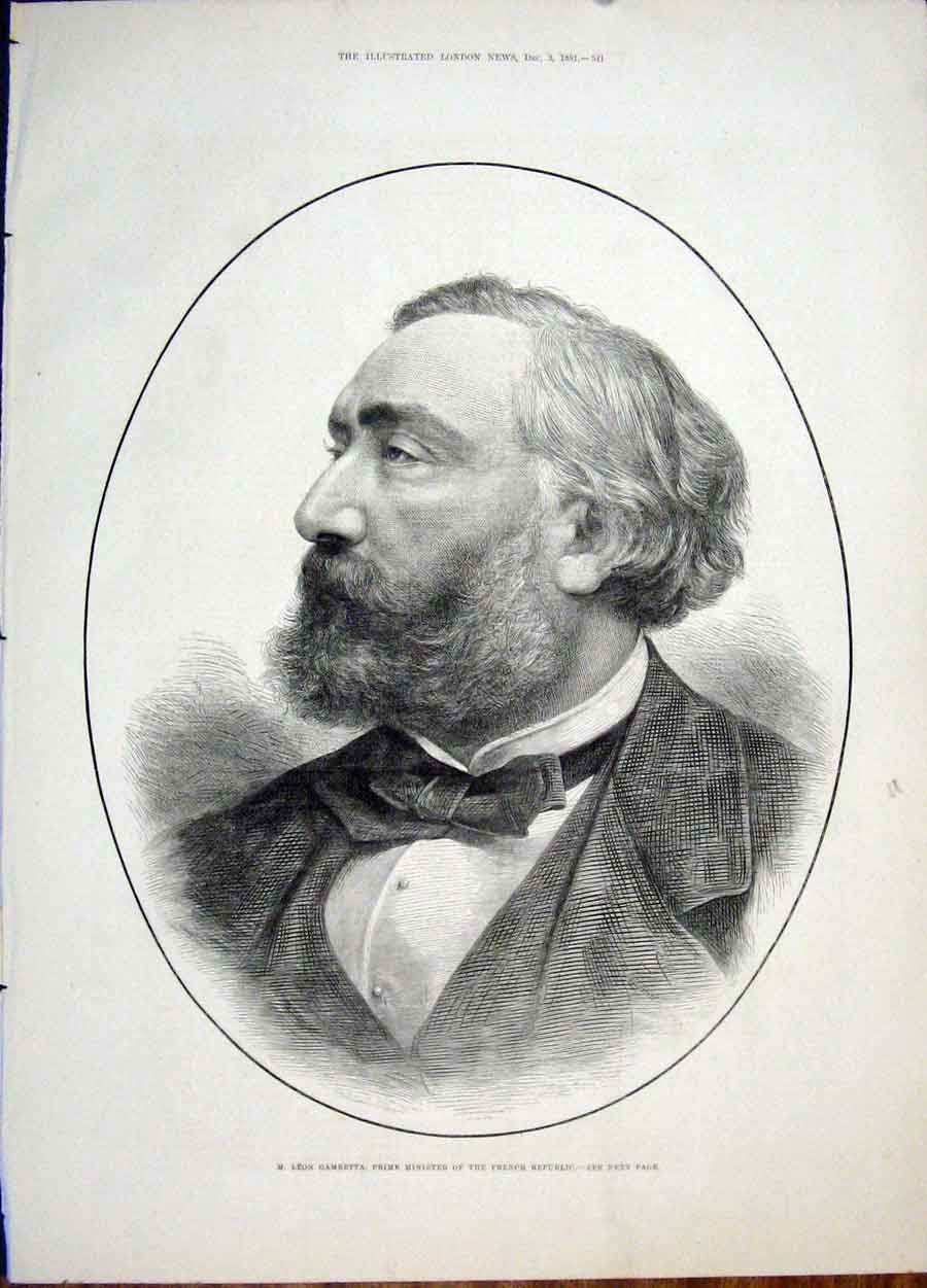 Original Old Antique Print Portrait Gambetta French Republic Prime Minister 1881